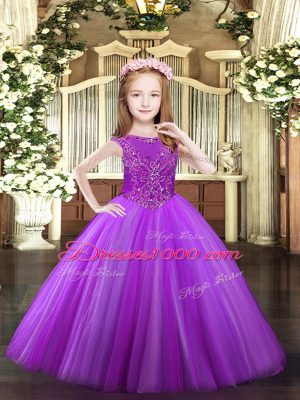 Lavender Ball Gowns Tulle Scoop Sleeveless Beading Floor Length Zipper High School Pageant Dress