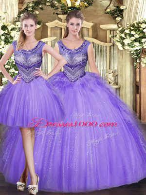 Sexy Floor Length Lavender Quinceanera Dress Tulle Sleeveless Beading and Ruffles