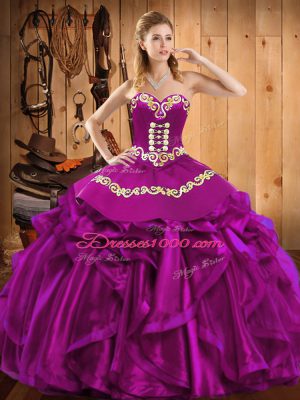 Shining Sweetheart Sleeveless Sweet 16 Quinceanera Dress Floor Length Embroidery and Ruffles Fuchsia Satin and Organza