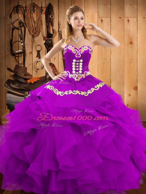 Top Selling Eggplant Purple Sleeveless Satin and Organza Lace Up Quinceanera Dress for Military Ball and Sweet 16 and Quinceanera