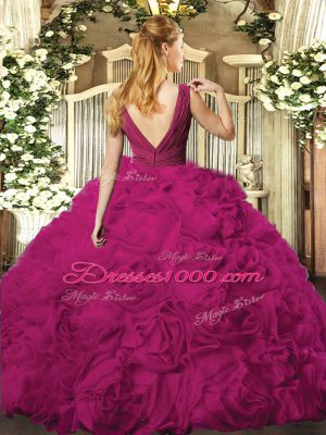 Excellent Sleeveless Fabric With Rolling Flowers Floor Length Backless Sweet 16 Dress in Blue with Beading and Ruching