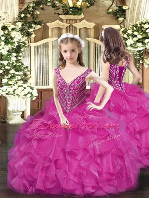New Arrival V-neck Sleeveless Little Girl Pageant Dress Floor Length Beading and Ruffles Fuchsia Organza
