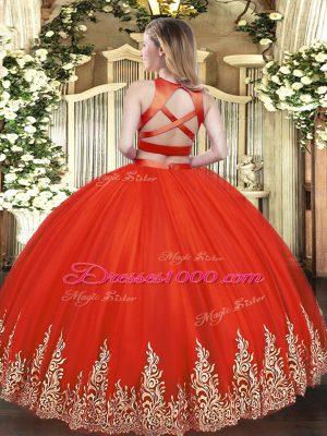 Floor Length Criss Cross Quinceanera Gowns Red for Military Ball and Sweet 16 and Quinceanera with Appliques