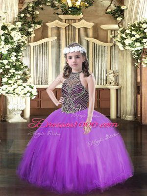 Glorious Eggplant Purple Halter Top Lace Up Beading Pageant Dress Sleeveless