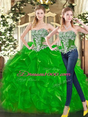 Super Organza Sweetheart Sleeveless Lace Up Beading and Ruffles Sweet 16 Dress in Green
