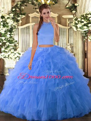 Baby Blue Two Pieces Halter Top Sleeveless Tulle Floor Length Backless Beading and Ruffles Ball Gown Prom Dress