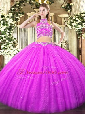Lilac 15th Birthday Dress Military Ball and Sweet 16 and Quinceanera with Beading High-neck Sleeveless Backless