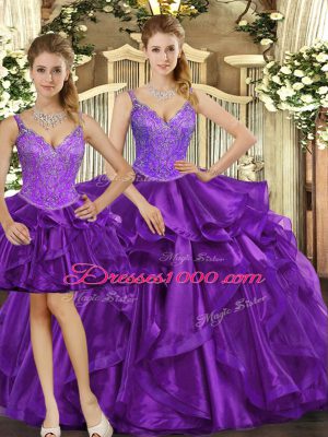 Sleeveless Lace Up Floor Length Beading and Ruffles Sweet 16 Dresses