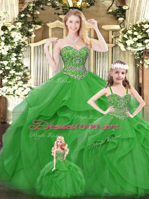 Luxury Organza Sweetheart Sleeveless Lace Up Beading and Ruffles Quinceanera Dress in Green