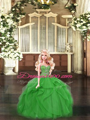 Luxury Organza Sweetheart Sleeveless Lace Up Beading and Ruffles Quinceanera Dress in Green