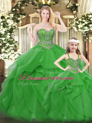 Luxury Organza Sweetheart Sleeveless Lace Up Beading and Ruffles Quinceanera Dress in Green