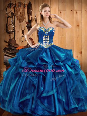 Fantastic Blue Organza Lace Up 15 Quinceanera Dress Sleeveless Floor Length Embroidery and Ruffles