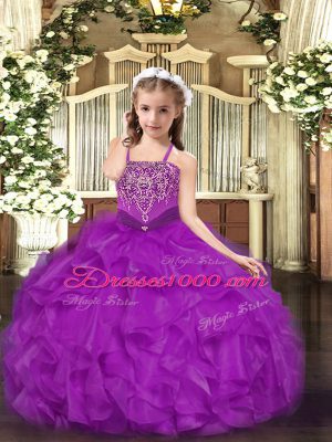 Fuchsia Lace Up Kids Formal Wear Beading and Ruffles Sleeveless Floor Length