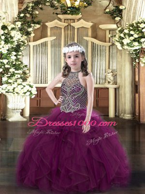 Excellent Purple Organza Lace Up Halter Top Sleeveless Floor Length Girls Pageant Dresses Beading and Ruffles