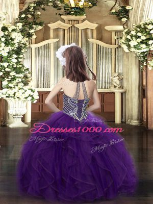 Excellent Purple Organza Lace Up Halter Top Sleeveless Floor Length Girls Pageant Dresses Beading and Ruffles