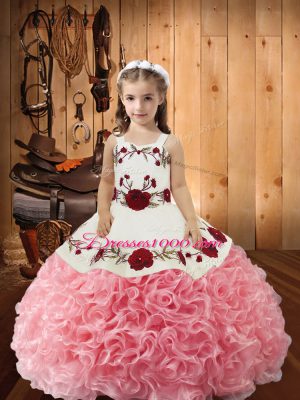 Simple Fabric With Rolling Flowers Straps Sleeveless Lace Up Embroidery and Ruffles Pageant Gowns For Girls in Pink
