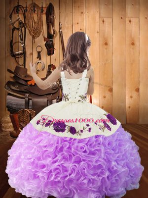 Simple Fabric With Rolling Flowers Straps Sleeveless Lace Up Embroidery and Ruffles Pageant Gowns For Girls in Pink