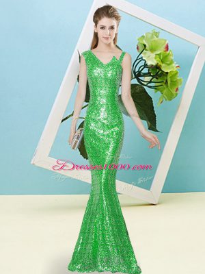 Comfortable Green Sleeveless Sequined Zipper Prom Gown for Prom and Party