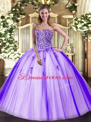 Captivating Lavender 15 Quinceanera Dress Military Ball and Sweet 16 and Quinceanera with Beading Sweetheart Sleeveless Lace Up
