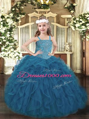 Floor Length Ball Gowns Sleeveless Teal Kids Pageant Dress Lace Up
