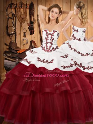 Wine Red Strapless Neckline Embroidery and Ruffled Layers 15th Birthday Dress Sleeveless Lace Up