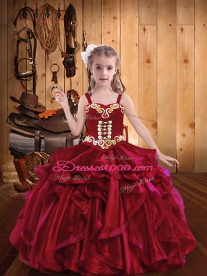 Straps Sleeveless Lace Up Kids Pageant Dress Red Organza
