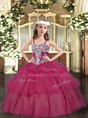 Sleeveless Floor Length Appliques and Ruffled Layers Lace Up Kids Pageant Dress with Wine Red