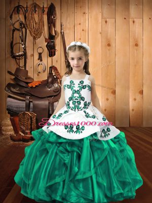 Turquoise Lace Up Straps Embroidery and Ruffles Little Girls Pageant Gowns Organza Sleeveless