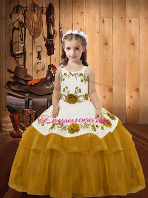 Gold Ball Gowns Embroidery and Ruffled Layers Little Girl Pageant Gowns Lace Up Organza Sleeveless Floor Length
