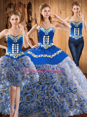 Discount Multi-color Satin and Fabric With Rolling Flowers Lace Up Sweetheart Sleeveless With Train Quinceanera Gowns Sweep Train Embroidery