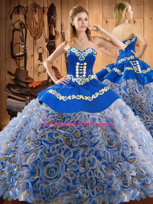 Discount Multi-color Satin and Fabric With Rolling Flowers Lace Up Sweetheart Sleeveless With Train Quinceanera Gowns Sweep Train Embroidery