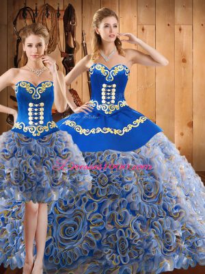 Discount Multi-color Satin and Fabric With Rolling Flowers Lace Up Sweetheart Sleeveless With Train Quinceanera Gowns Sweep Train Embroidery