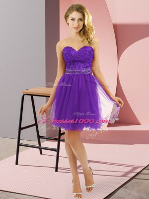 Purple Empire Tulle Sweetheart Sleeveless Beading Mini Length Zipper Dress for Prom