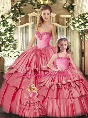 Fabulous Sleeveless Organza Floor Length Lace Up 15 Quinceanera Dress in Watermelon Red with Ruffled Layers
