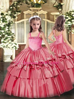 Fabulous Sleeveless Organza Floor Length Lace Up 15 Quinceanera Dress in Watermelon Red with Ruffled Layers