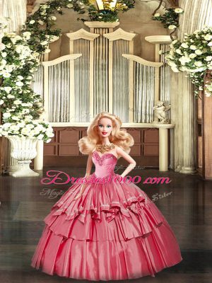 Fabulous Sleeveless Organza Floor Length Lace Up 15 Quinceanera Dress in Watermelon Red with Ruffled Layers