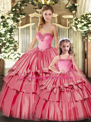 Fabulous Sleeveless Organza Floor Length Lace Up 15 Quinceanera Dress in Watermelon Red with Ruffled Layers