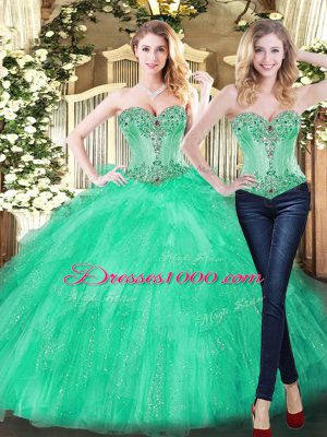 Edgy Green Organza Lace Up Quinceanera Dresses Sleeveless Floor Length Beading and Ruffles