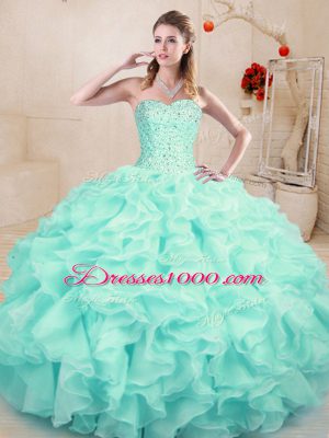 Aqua Blue Organza Lace Up Ball Gown Prom Dress Sleeveless Floor Length Beading and Ruffles