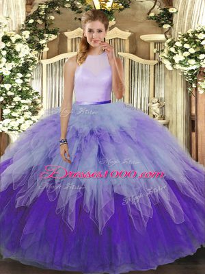 High-neck Sleeveless Quinceanera Gowns Floor Length Ruffles Multi-color Tulle