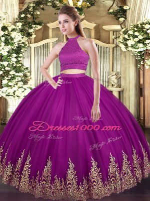 Fashionable Fuchsia Backless Quinceanera Dresses Beading and Appliques Sleeveless Floor Length