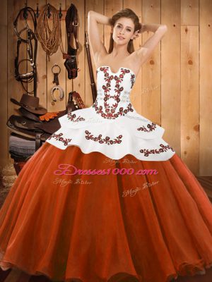 Rust Red Tulle Lace Up Strapless Sleeveless Floor Length Sweet 16 Dresses Embroidery