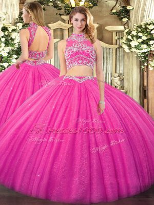 Fantastic Floor Length Hot Pink Quince Ball Gowns Tulle Sleeveless Beading