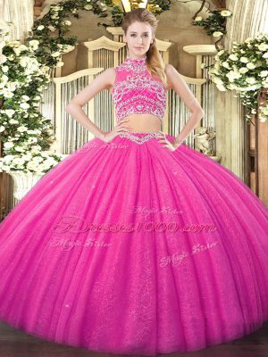 Fantastic Floor Length Hot Pink Quince Ball Gowns Tulle Sleeveless Beading