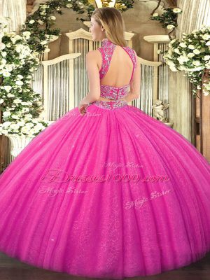 Fantastic Floor Length Hot Pink Quince Ball Gowns Tulle Sleeveless Beading