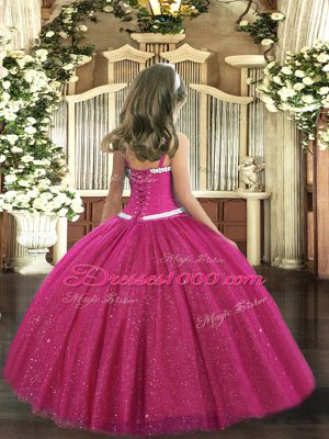 Super Floor Length Ball Gowns Sleeveless Hot Pink Child Pageant Dress Zipper