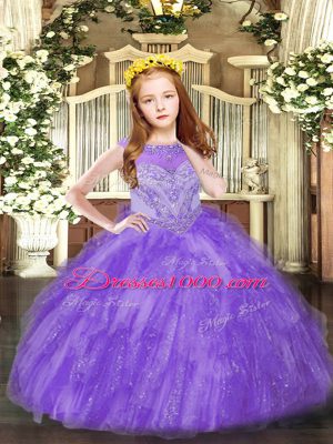 Lavender Pageant Dress for Girls Party and Quinceanera with Beading and Ruffles Scoop Sleeveless Zipper