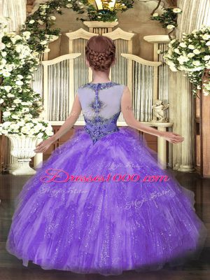 Lavender Pageant Dress for Girls Party and Quinceanera with Beading and Ruffles Scoop Sleeveless Zipper