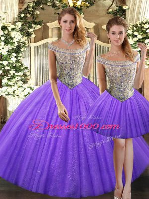 Tulle Sleeveless Floor Length 15 Quinceanera Dress and Beading