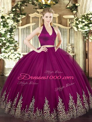 Romantic Fuchsia Tulle Zipper Halter Top Sleeveless Floor Length Sweet 16 Quinceanera Dress Appliques